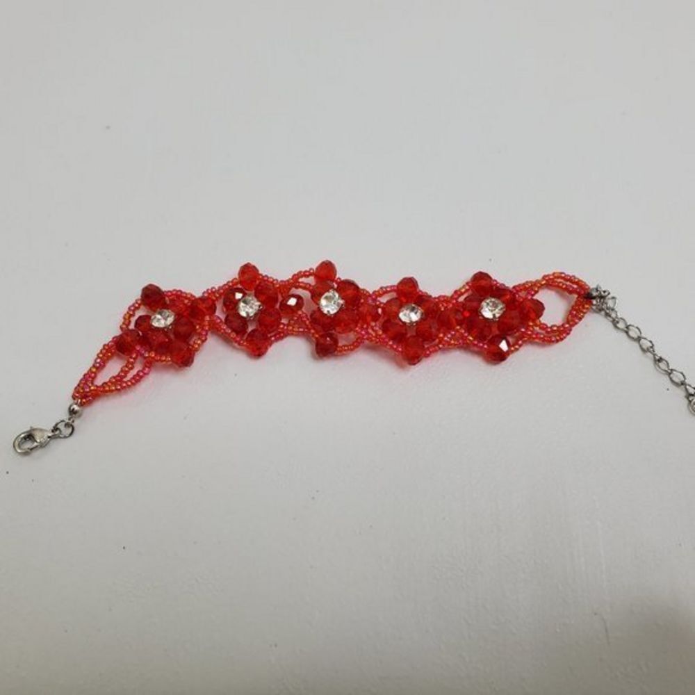 Red Beaded Bracelet Weave Silver‎ Tone Floral Rhine